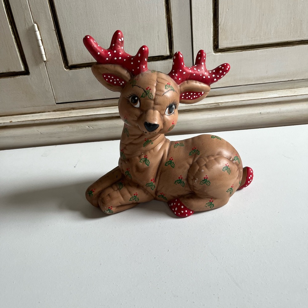 Vintage Kimple Ceramic Mold Christmas Quilted Reindeer Figurine Hand painted